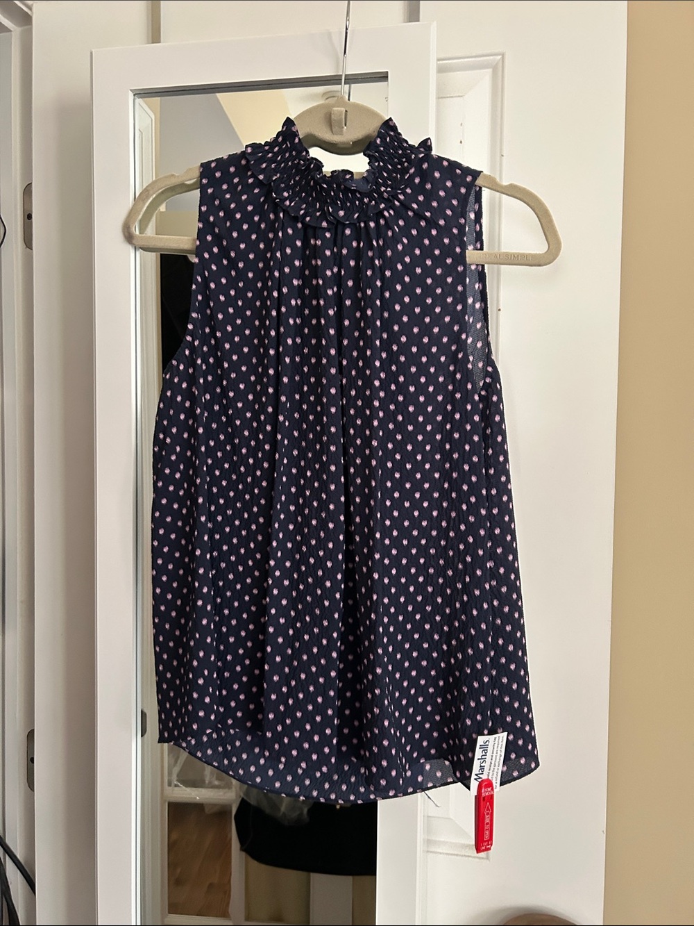 Rebecca Taylor Navy and Pink Polka Dot Ruffle Neck Sleeveless Top